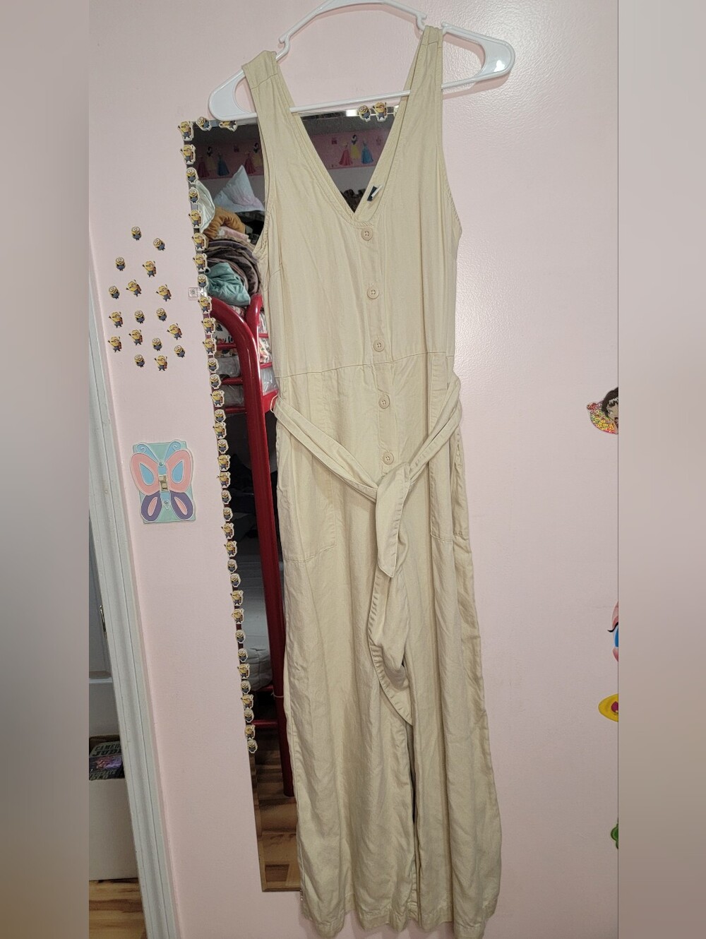 Old Navy Beige Button-Front Jumpsuit with Tie Waist Size XSmall